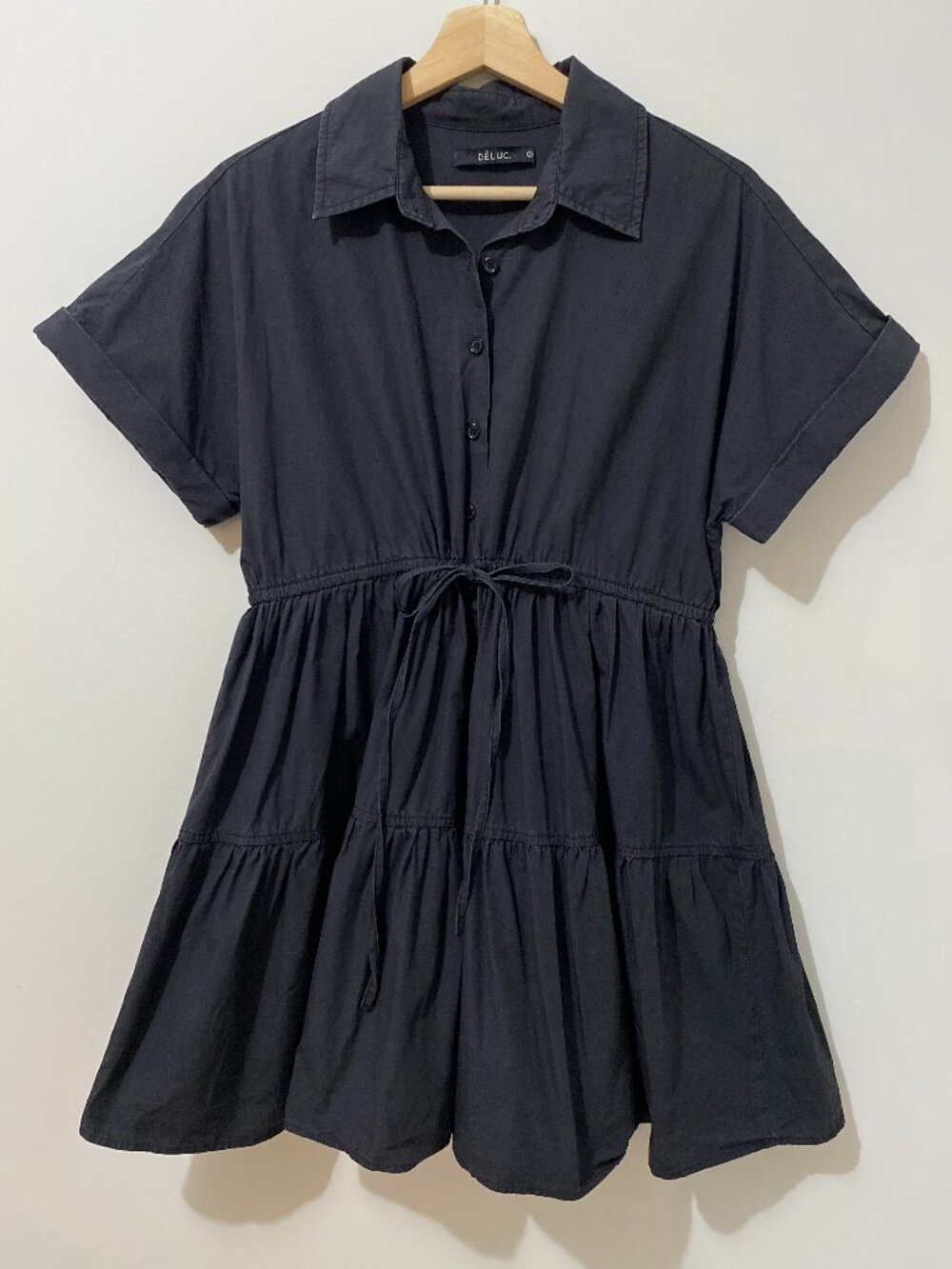Deluc 100% Cotton Mini Babydoll Shirt Dress Tiered Tie Waist Summer Minimalist